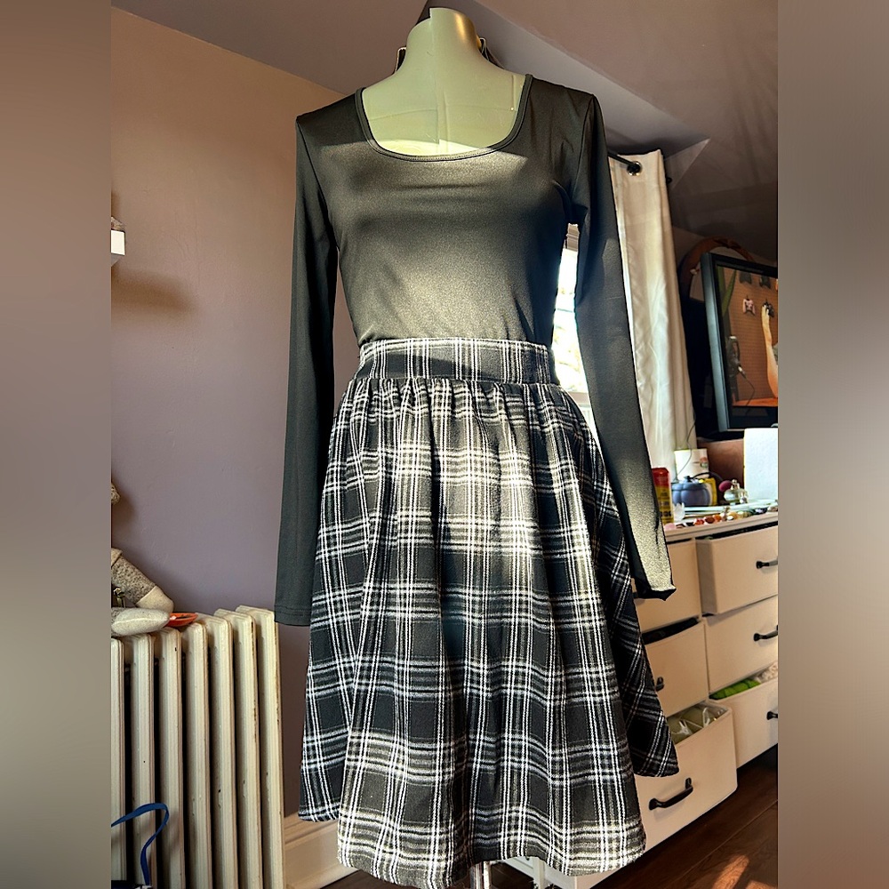 Shein Square Neck & Plaid Belted Flare Dress